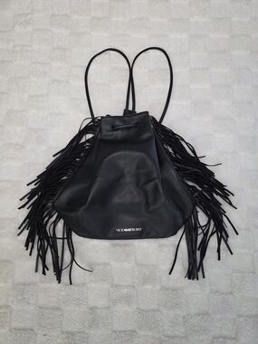VICTORIA'S SECRET FAUX LEATHER FRINGE DRAWSTRING BACKPACK BLACK NWOT